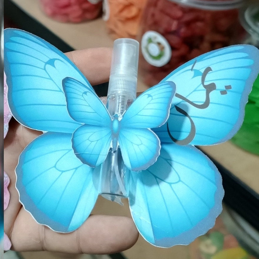 Blue butterfly-shaped bottle cap held in front of a shelf with colorful jars.