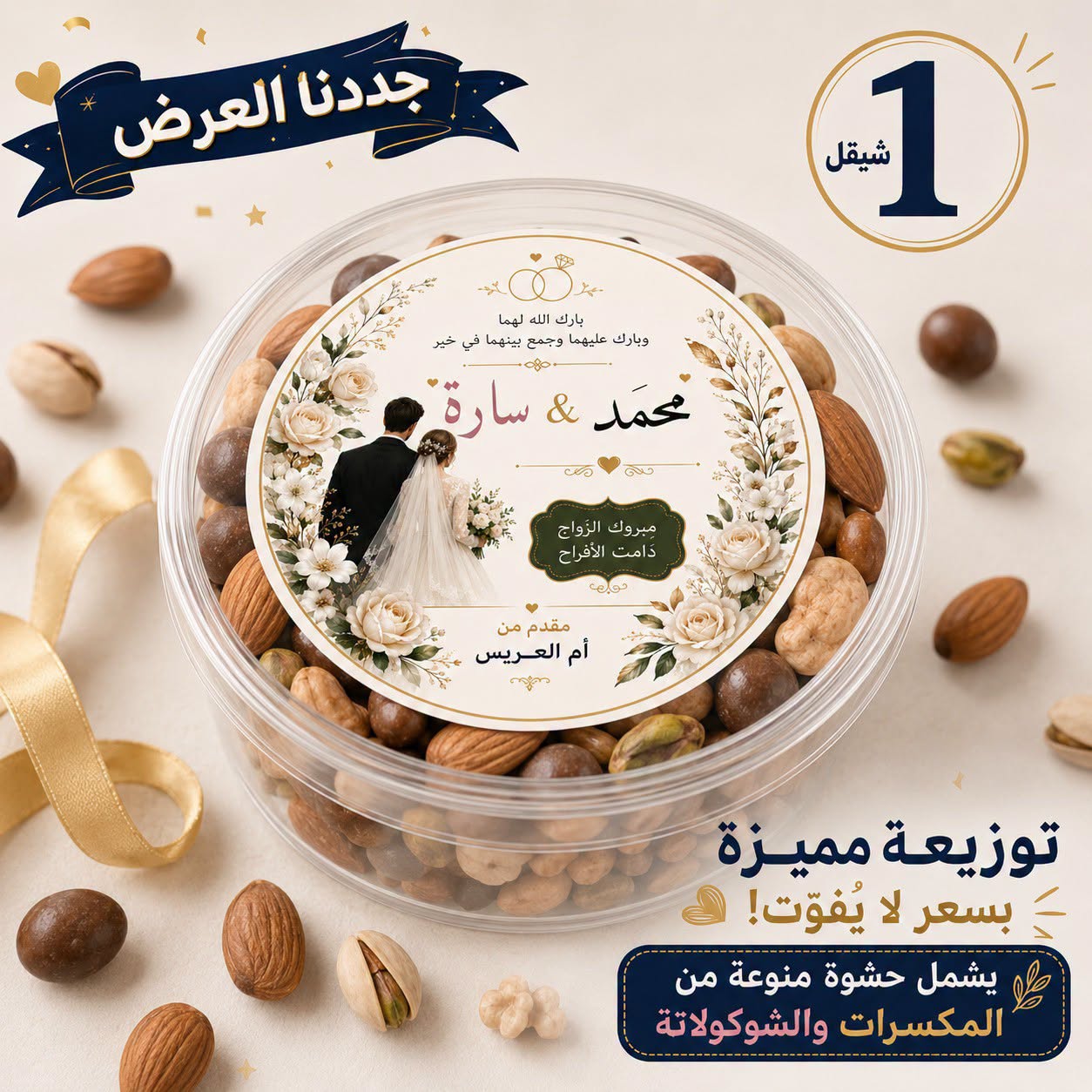 توزيعة علب دائرية مكسرات وشووكولاتة وفواكه مجففة وحلقوم مشكل (Copy)